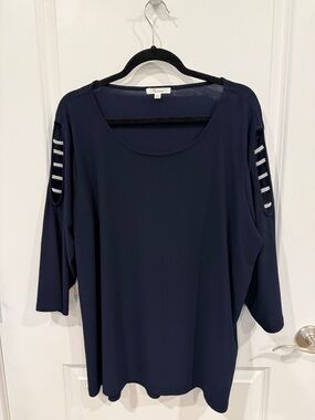 Women's Navy Cold-Shoulder Long Sleeve Top with Ladder Sleeve Detail
